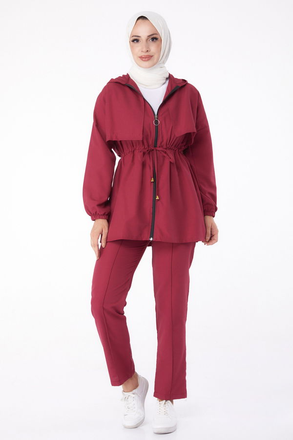 Düz Kapşonlu Yaka Kadın Bordo İkili Takım - 13252 BORDO