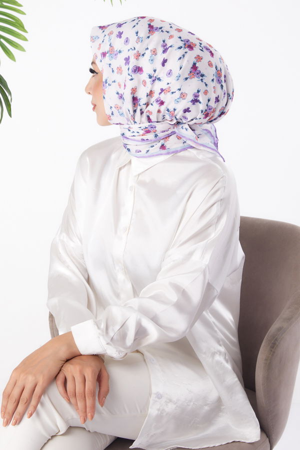 Düz Orta Kadın Lila Desenli Eşarp - 25978 LİLA
