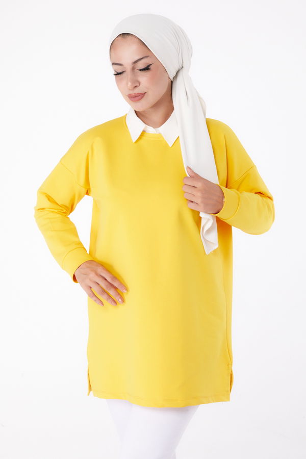 Düz Bisiklet Yaka Kadın Sarı T-Shirt - 24189 Sarı