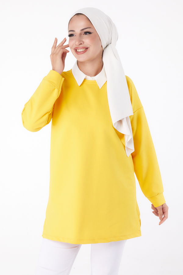 Düz Bisiklet Yaka Kadın Sarı T-Shirt - 24189 Sarı