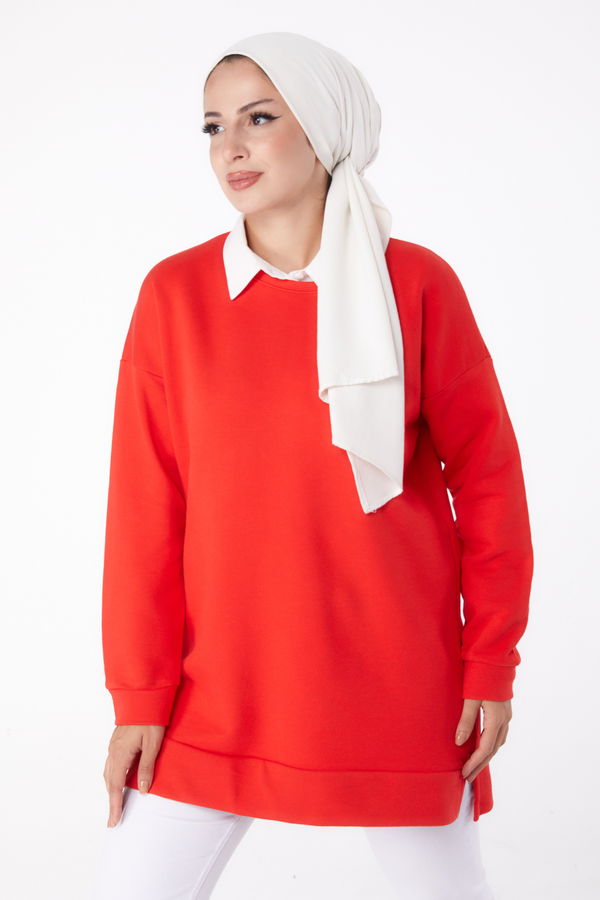 Düz Bisiklet Yaka Kadın Kırmızı Uzun Kollu Sweatshirt - 24653 Kırmızı