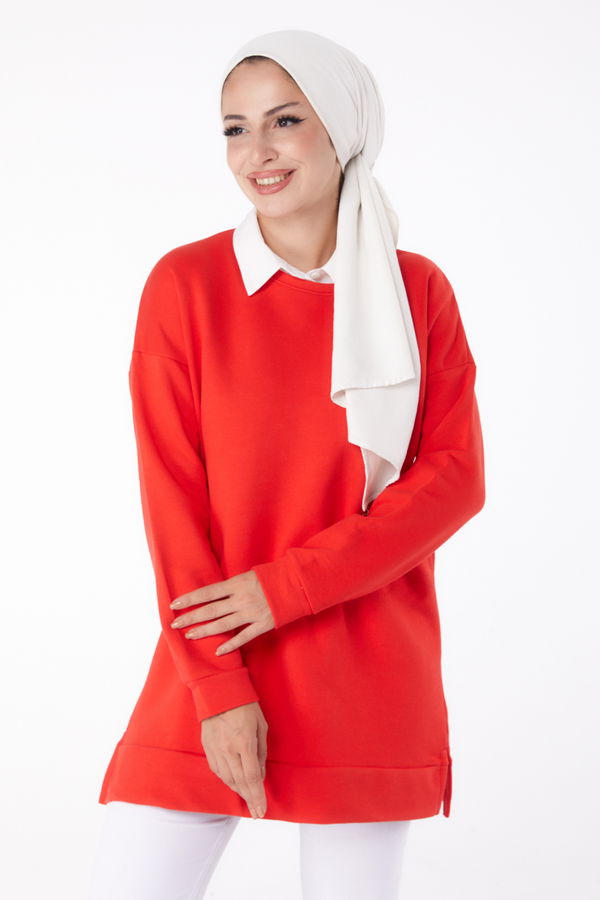 Düz Bisiklet Yaka Kadın Kırmızı Uzun Kollu Sweatshirt - 24653 Kırmızı