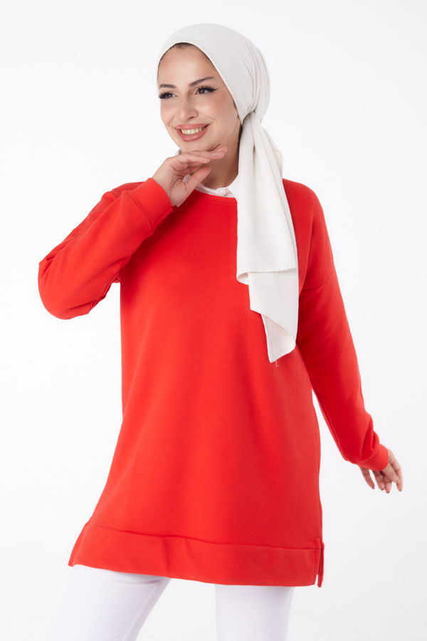 Düz Bisiklet Yaka Kadın Kırmızı Uzun Kollu Sweatshirt - 24653 Kırmızı