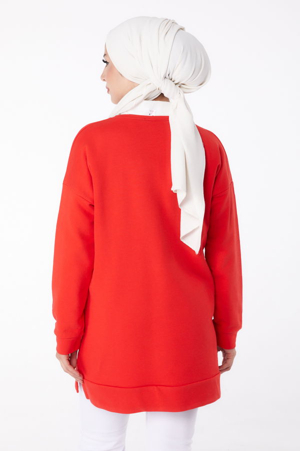 Düz Bisiklet Yaka Kadın Kırmızı Uzun Kollu Sweatshirt - 24653 Kırmızı