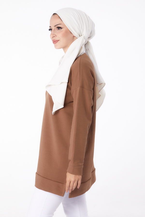 Düz Bisiklet Yaka Kadın Kahverengi Uzun Kollu Sweatshirt - 24653 KAHVERENGİ