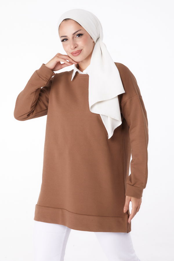 Düz Bisiklet Yaka Kadın Kahverengi Uzun Kollu Sweatshirt - 24653 KAHVERENGİ
