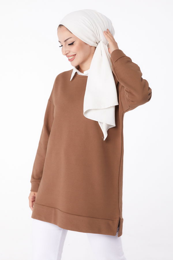 Düz Bisiklet Yaka Kadın Kahverengi Uzun Kollu Sweatshirt - 24653 KAHVERENGİ