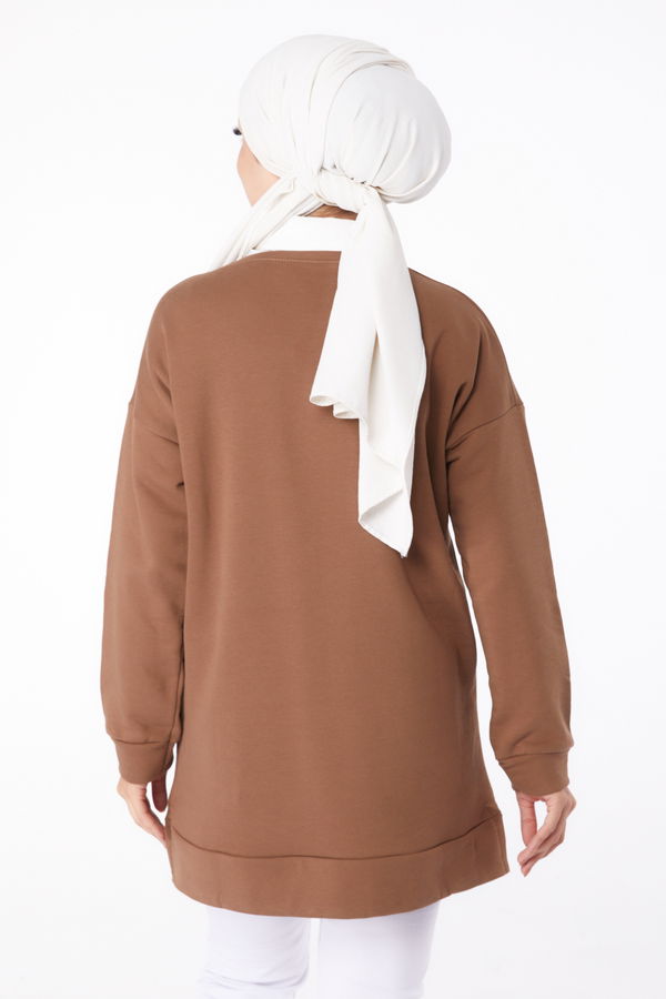 Düz Bisiklet Yaka Kadın Kahverengi Uzun Kollu Sweatshirt - 24653 KAHVERENGİ