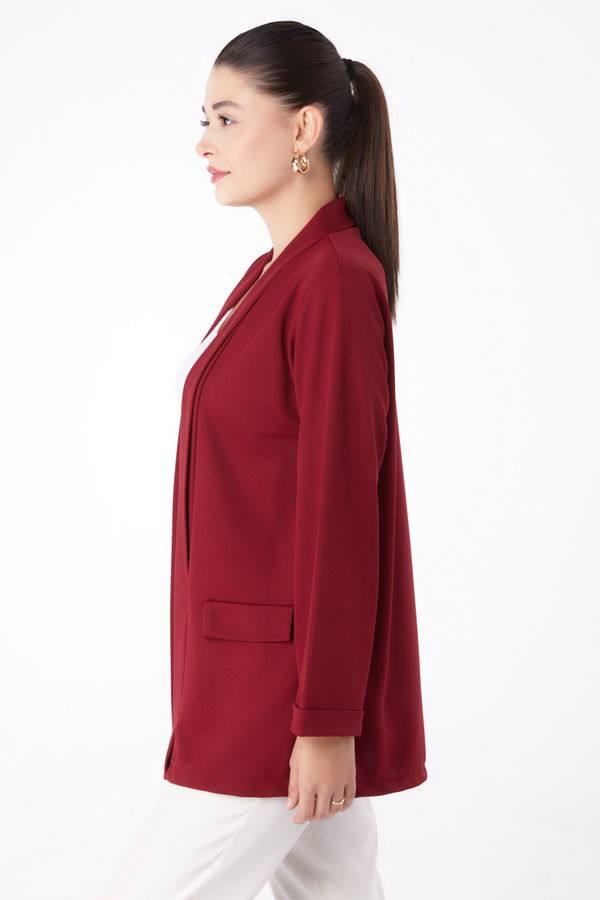 Düz Orta Kadın Bordo Cep Detaylı Ceket - 13261 BORDO