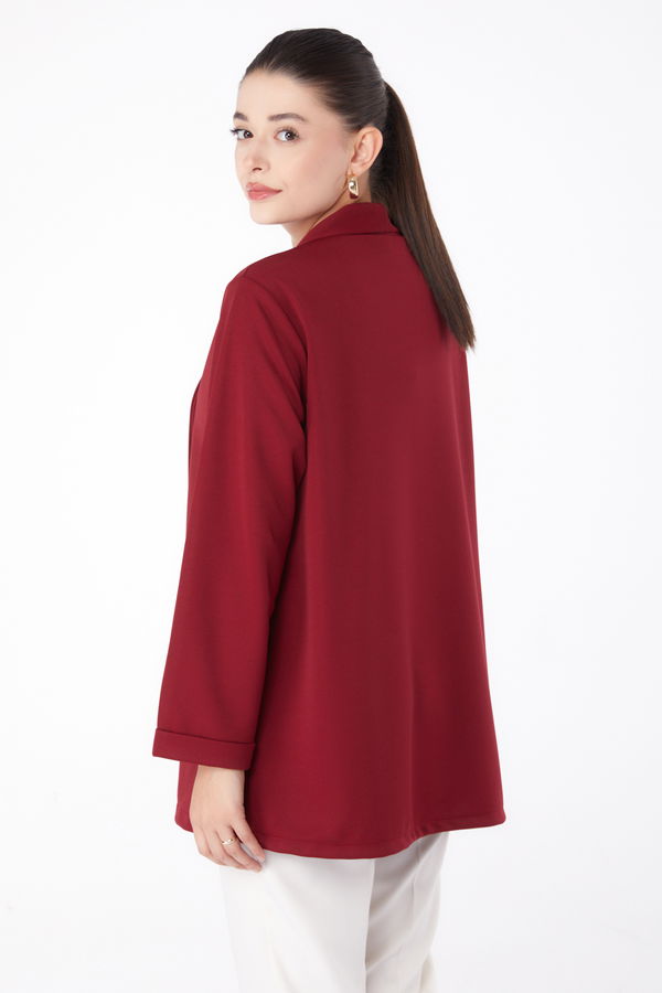 Düz Orta Kadın Bordo Cep Detaylı Ceket - 13261 BORDO