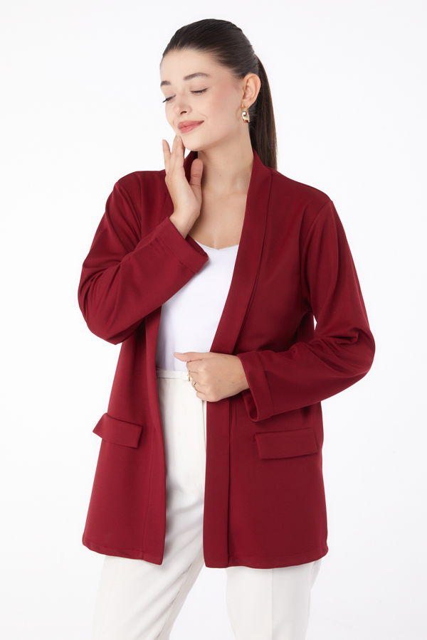 Düz Orta Kadın Bordo Cep Detaylı Ceket - 13261 BORDO