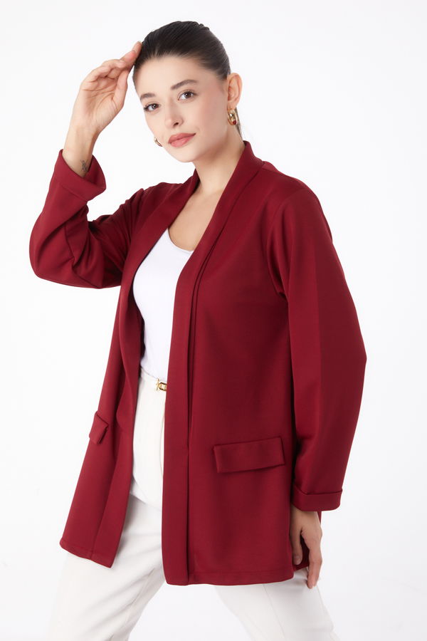 Düz Orta Kadın Bordo Cep Detaylı Ceket - 13261 BORDO