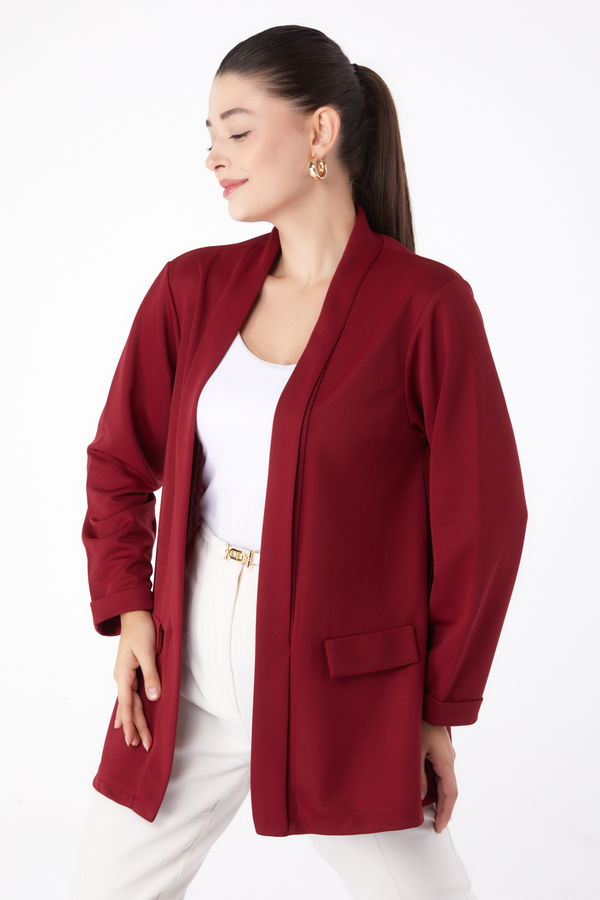 Düz Orta Kadın Bordo Cep Detaylı Ceket - 13261 BORDO