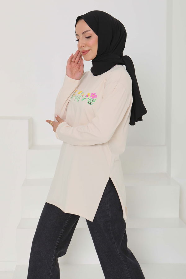 Kadın Bisiklet Yaka Çiçek Baskılı Tunik - 26628