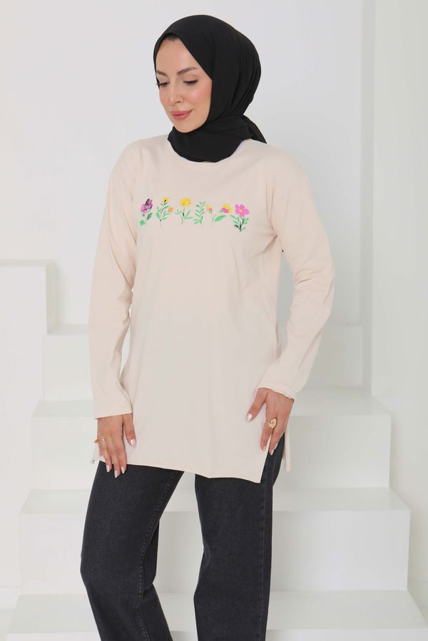 Kadın Bisiklet Yaka Çiçek Baskılı Tunik - 26628