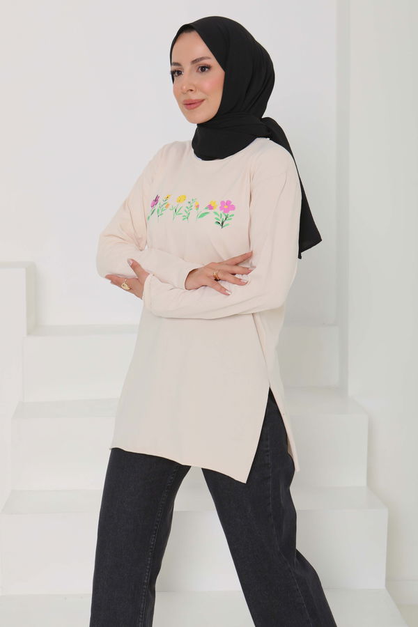 Kadın Bisiklet Yaka Çiçek Baskılı Tunik - 26628