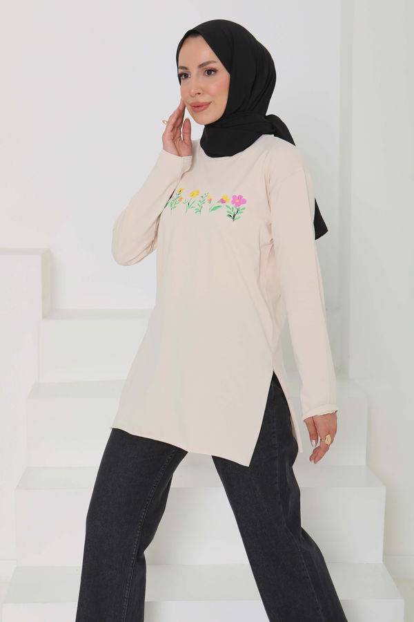 Kadın Bisiklet Yaka Çiçek Baskılı Tunik - 26628