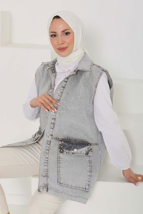 Kadın Geniş Cep Taş Detay Kot Yelek - 26581