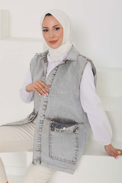 Kadın Geniş Cep Taş Detay Kot Yelek - 26581