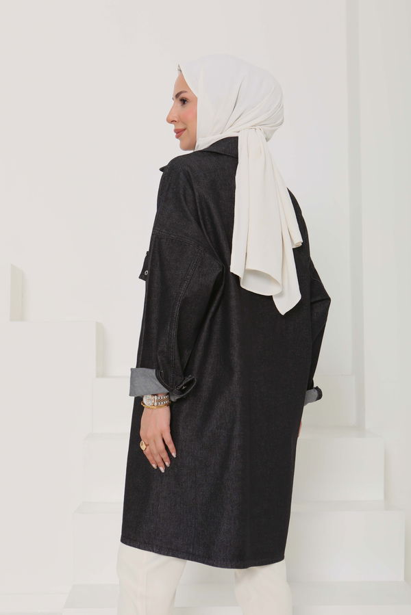 Kadın Oversize Kuş Gözü Cepli Kot Ceket - 26579