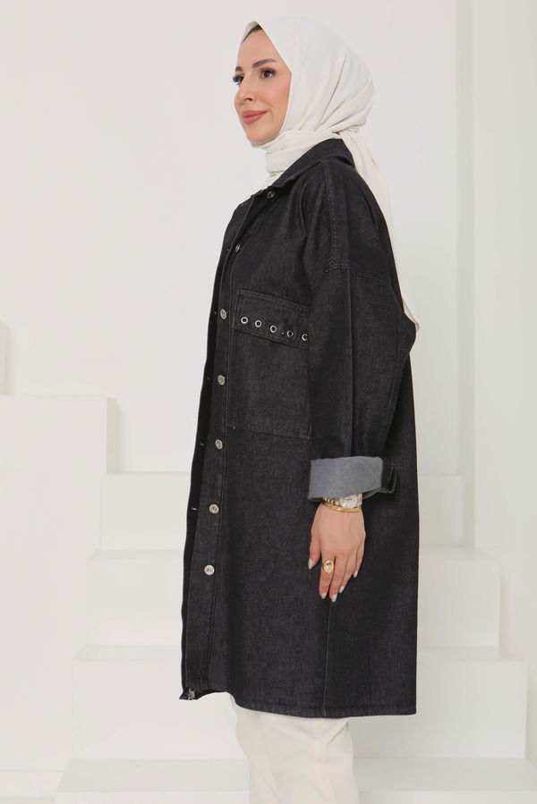Kadın Oversize Kuş Gözü Cepli Kot Ceket - 26579