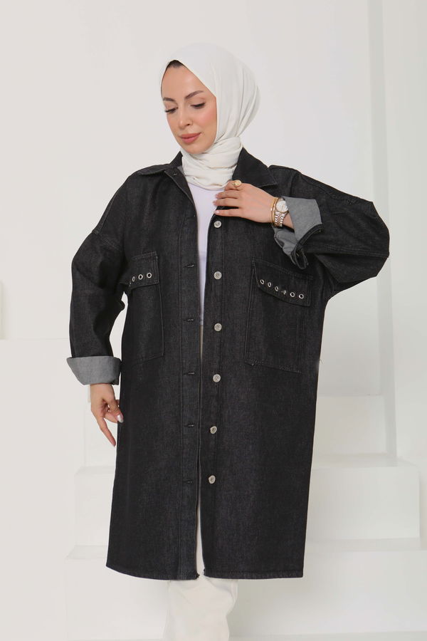 Kadın Oversize Kuş Gözü Cepli Kot Ceket - 26579
