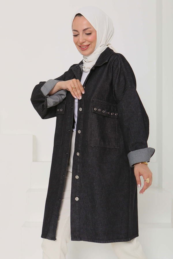 Kadın Oversize Kuş Gözü Cepli Kot Ceket - 26579