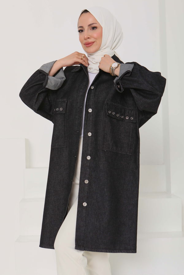 Kadın Oversize Kuş Gözü Cepli Kot Ceket - 26579