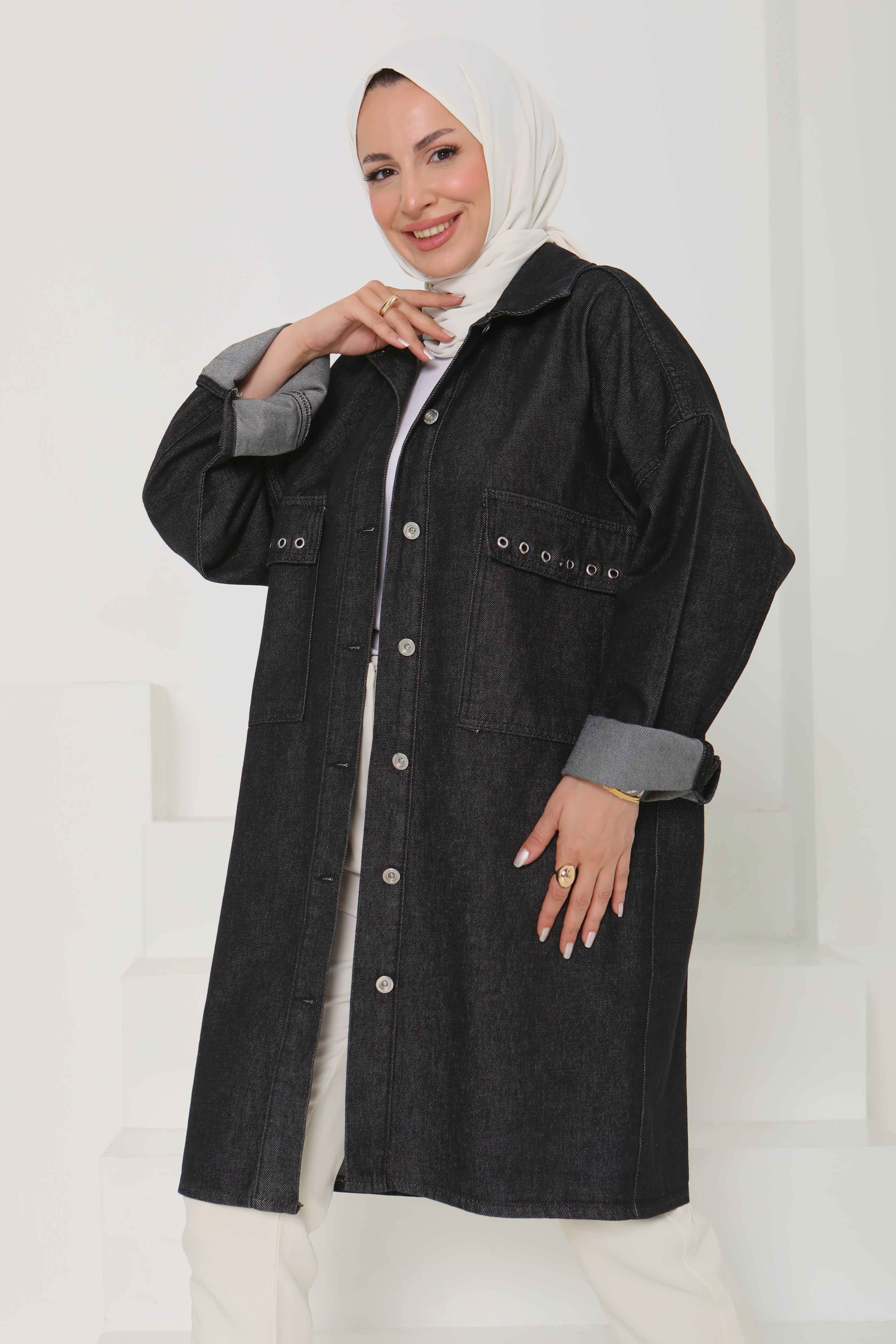 Kadın Oversize Kuş Gözü Cepli Kot Ceket - 26579