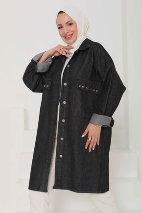 Kadın Oversize Kuş Gözü Cepli Kot Ceket - 26579