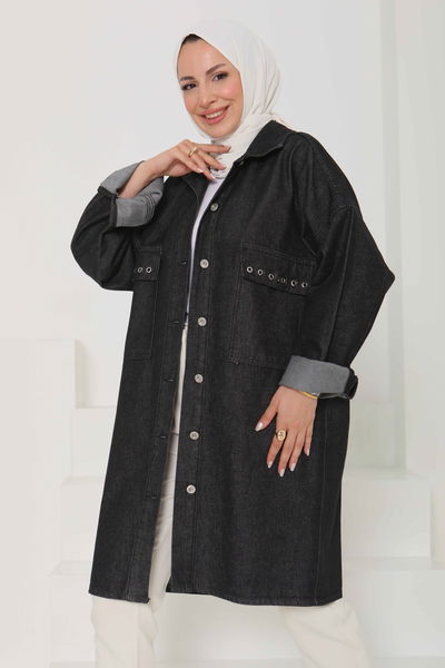 Kadın Oversize Kuş Gözü Cepli Kot Ceket - 26579