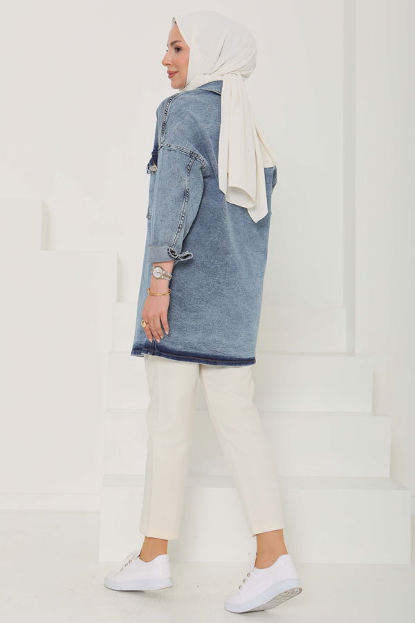 Kadın Oversize Kuş Gözü Cepli Kot Ceket - 26579