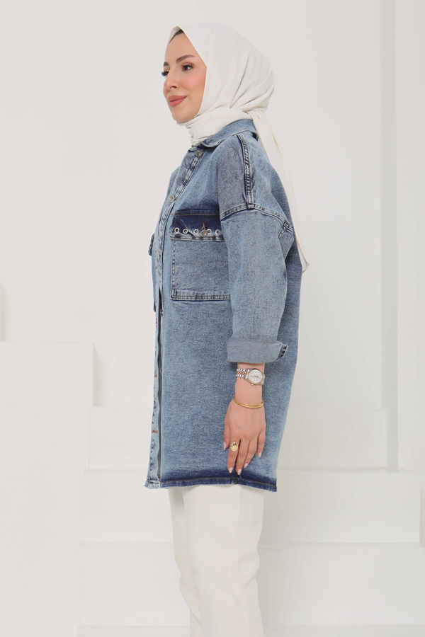 Kadın Oversize Kuş Gözü Cepli Kot Ceket - 26579