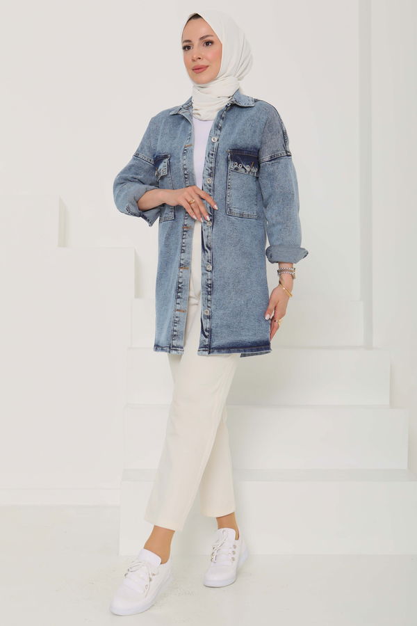 Kadın Oversize Kuş Gözü Cepli Kot Ceket - 26579