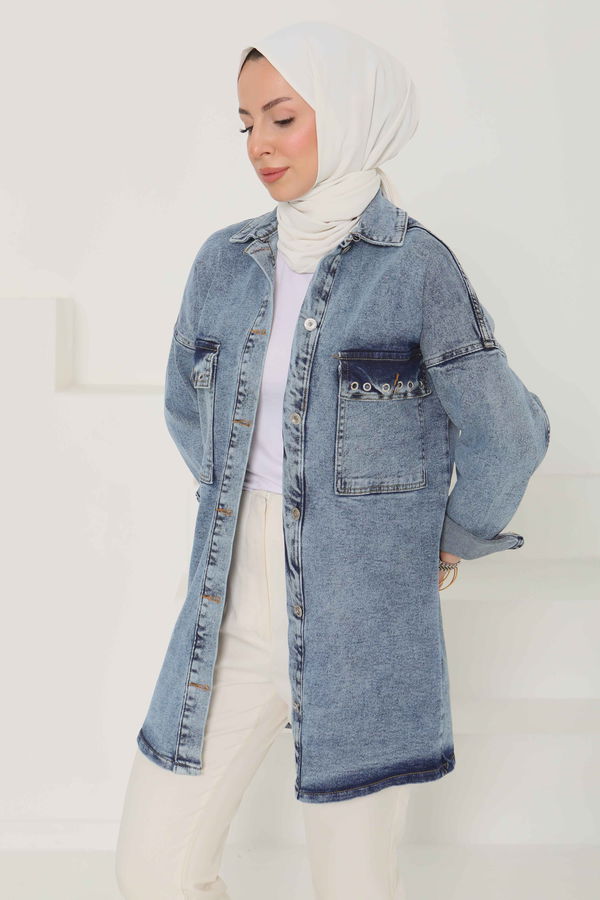 Kadın Oversize Kuş Gözü Cepli Kot Ceket - 26579
