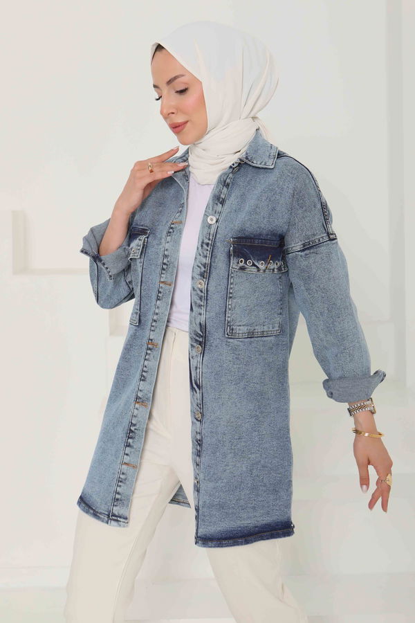 Kadın Oversize Kuş Gözü Cepli Kot Ceket - 26579