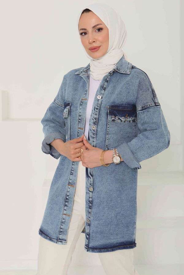 Kadın Oversize Kuş Gözü Cepli Kot Ceket - 26579
