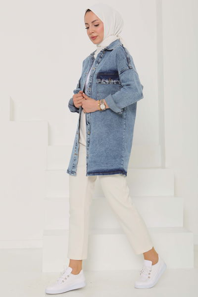Kadın Oversize Kuş Gözü Cepli Kot Ceket - 26579