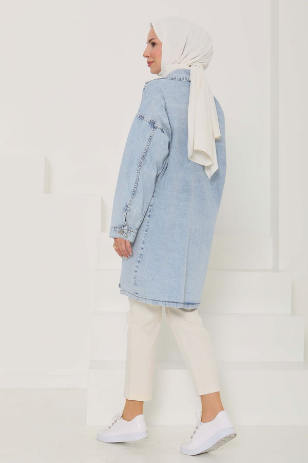Kadın Oversize Kuş Gözü Cepli Kot Ceket - 26579