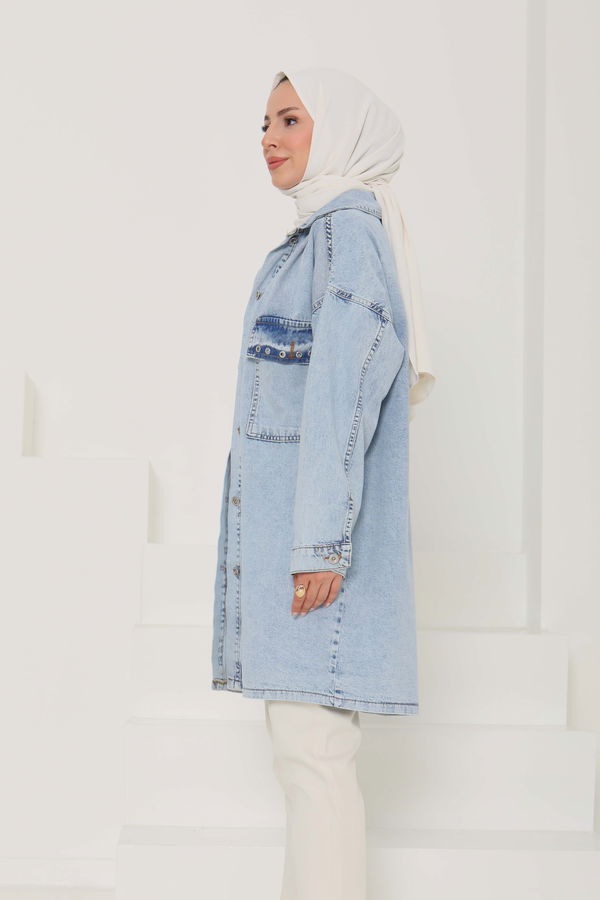 Kadın Oversize Kuş Gözü Cepli Kot Ceket - 26579