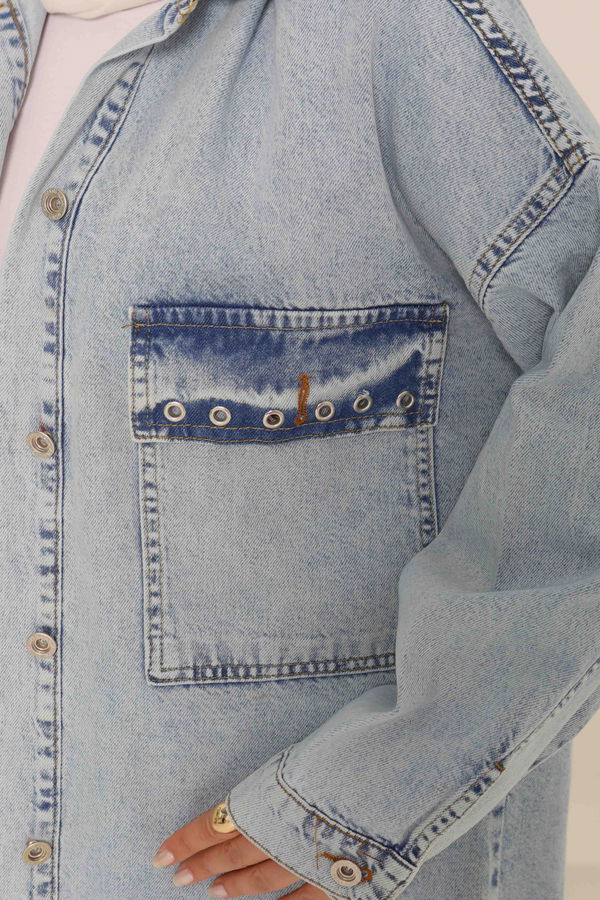 Kadın Oversize Kuş Gözü Cepli Kot Ceket - 26579