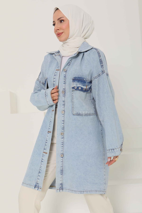 Kadın Oversize Kuş Gözü Cepli Kot Ceket - 26579
