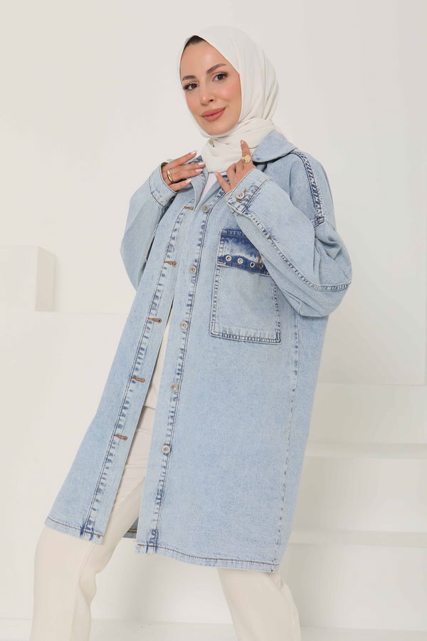 Kadın Oversize Kuş Gözü Cepli Kot Ceket - 26579