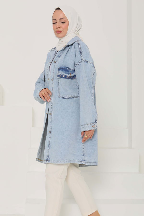 Kadın Oversize Kuş Gözü Cepli Kot Ceket - 26579