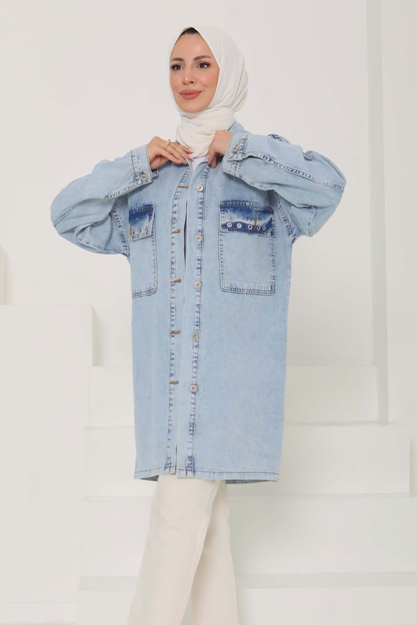 Kadın Oversize Kuş Gözü Cepli Kot Ceket - 26579
