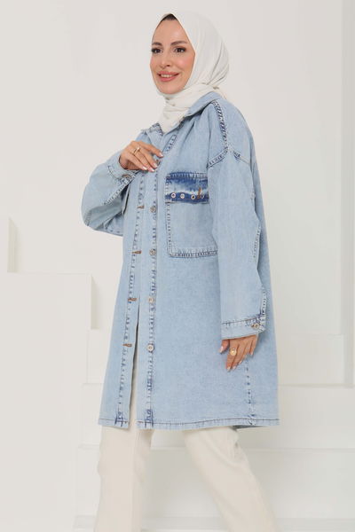 Kadın Oversize Kuş Gözü Cepli Kot Ceket - 26579
