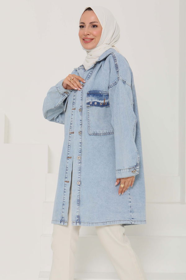 Kadın Oversize Kuş Gözü Cepli Kot Ceket - 26579