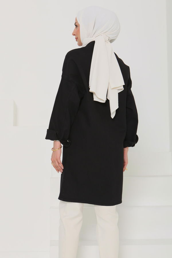 Kadın Oversize Kuş Gözü Cepli Kot Ceket - 26579