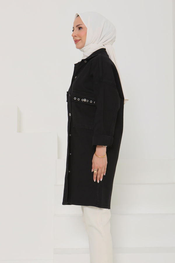 Kadın Oversize Kuş Gözü Cepli Kot Ceket - 26579