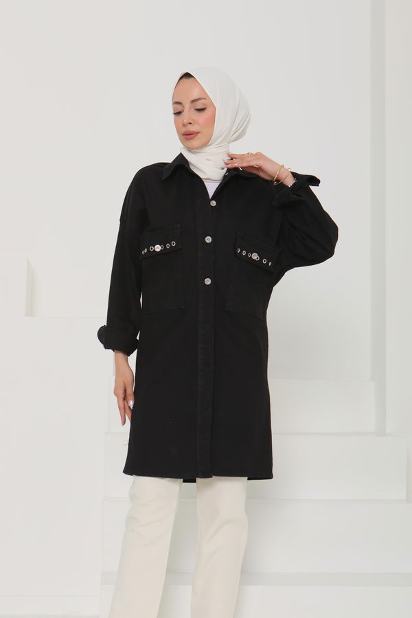Kadın Oversize Kuş Gözü Cepli Kot Ceket - 26579